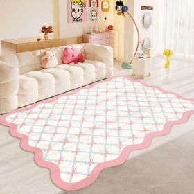 Pink scalloped-edge bow patterned carpet, area rug, stain-resistant and easy to clean
