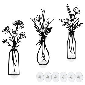 3-Piece Metal Vase Floral Wall Art - Rustic Farmhouse Decor Metal Wall Art Black Minimalist Floral Nature Theme Wall Decor Suitable for Home Bedroom D