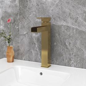 Brushed Gold Single Handle Waterfall Bathroom Vessel Sink Faucet Solid Brass Modern