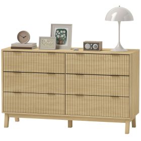 HOMCOM 6 Drawer Double Dresser for Bedroom, Fluted Chest of Drawers with Gold Finger Pulls and 5 Wood Legs, Natural Wood