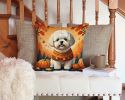 Bichon Frise Fall Throw Pillow Machine Washable, Indoor Outdoor Decorative Pillow for Couch, Bed or Patio, 14Hx14W