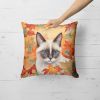 Snowshoe Cat in Fall Leaves Throw Pillow Machine Washable, Indoor Outdoor Decorative Pillow for Couch, Bed or Patio, 18Hx18W